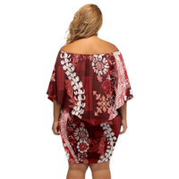 Hawaii Puakenikeni and Maile Lei Family Matching Off Shoulder Short Dress and Hawaiian Shirt Red Japanese Wave Style LT9 - Polynesian Pride