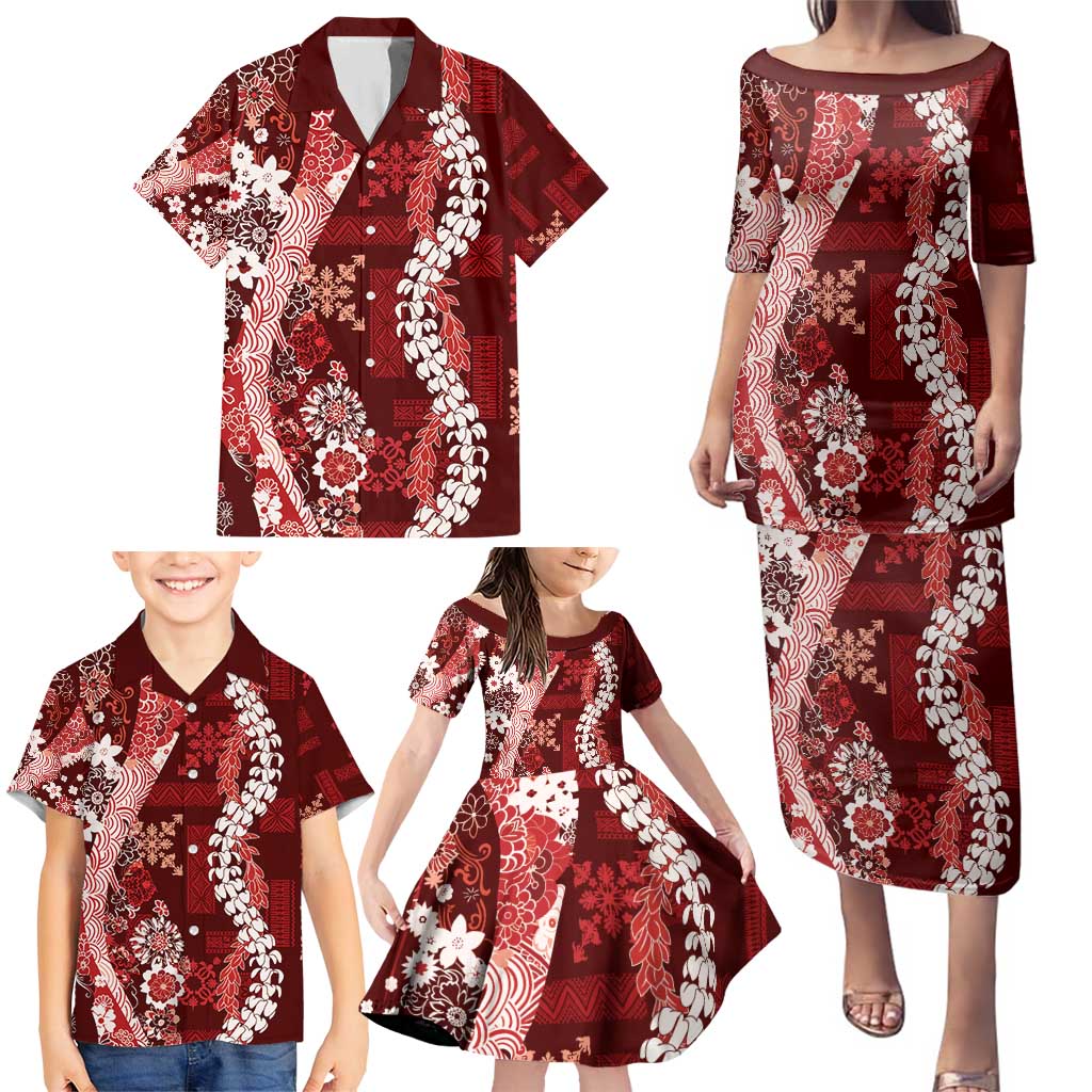 Hawaii Puakenikeni and Maile Lei Family Matching Puletasi and Hawaiian Shirt Red Japanese Wave Style LT9 - Polynesian Pride