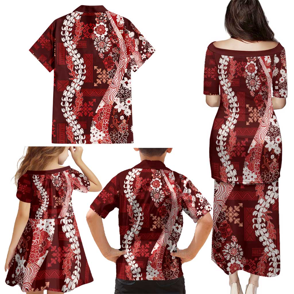 Hawaii Puakenikeni and Maile Lei Family Matching Puletasi and Hawaiian Shirt Red Japanese Wave Style LT9 - Polynesian Pride