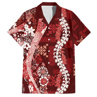 Hawaii Puakenikeni and Maile Lei Family Matching Short Sleeve Bodycon Dress and Hawaiian Shirt Red Japanese Wave Style LT9 Dad's Shirt - Short Sleeve Red - Polynesian Pride