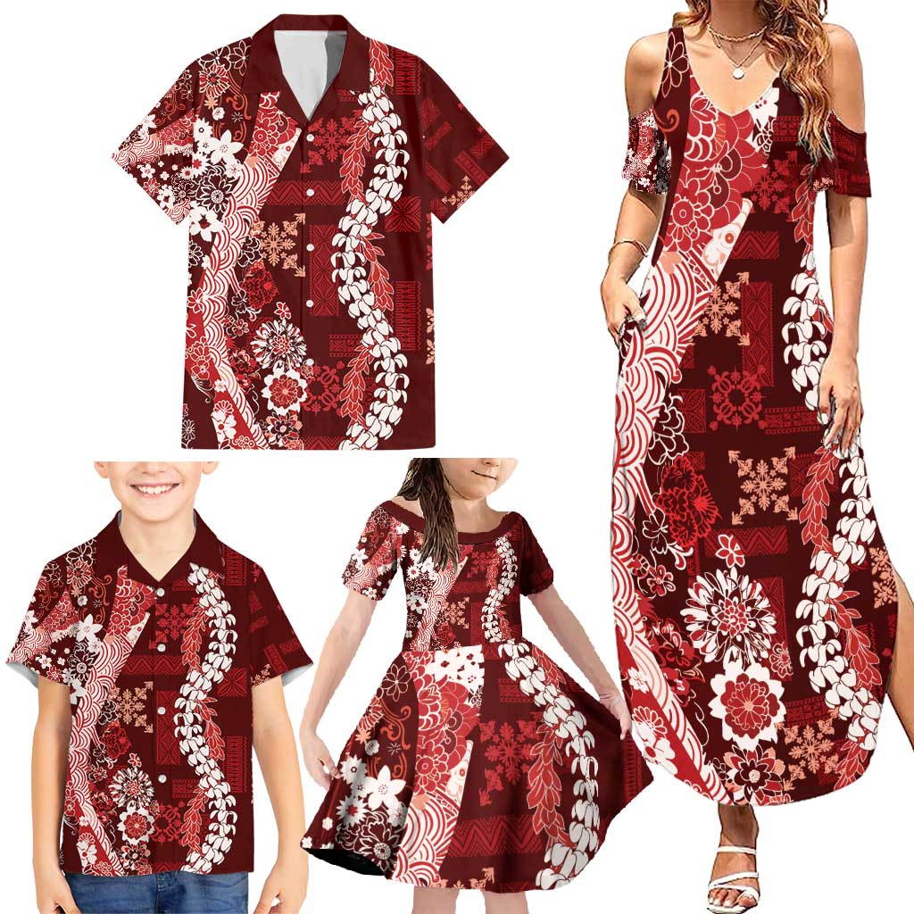 Hawaii Puakenikeni and Maile Lei Family Matching Summer Maxi Dress and Hawaiian Shirt Red Japanese Wave Style LT9 - Polynesian Pride
