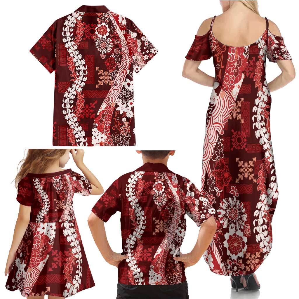 Hawaii Puakenikeni and Maile Lei Family Matching Summer Maxi Dress and Hawaiian Shirt Red Japanese Wave Style LT9 - Polynesian Pride