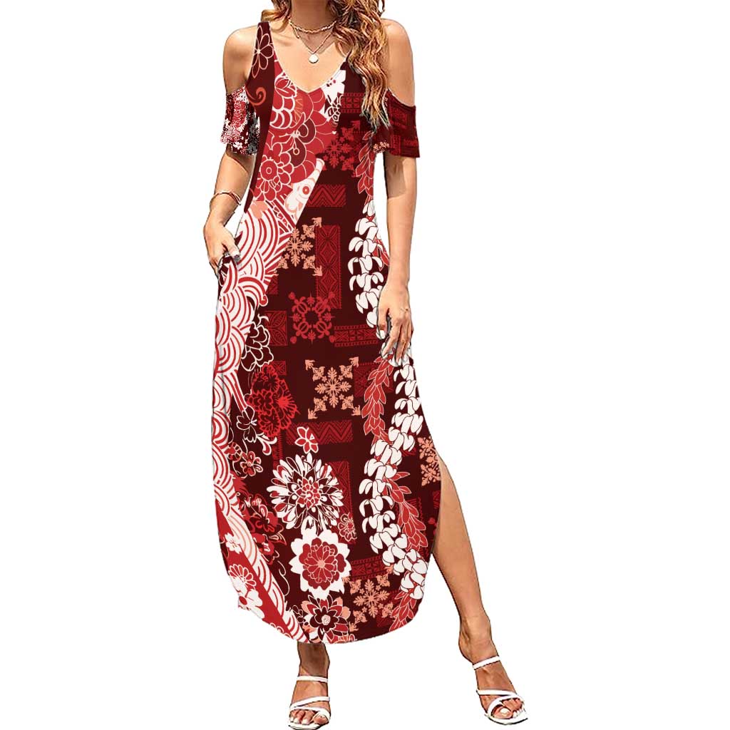 Hawaii Puakenikeni and Maile Lei Family Matching Summer Maxi Dress and Hawaiian Shirt Red Japanese Wave Style LT9 Mom's Dress Red - Polynesian Pride