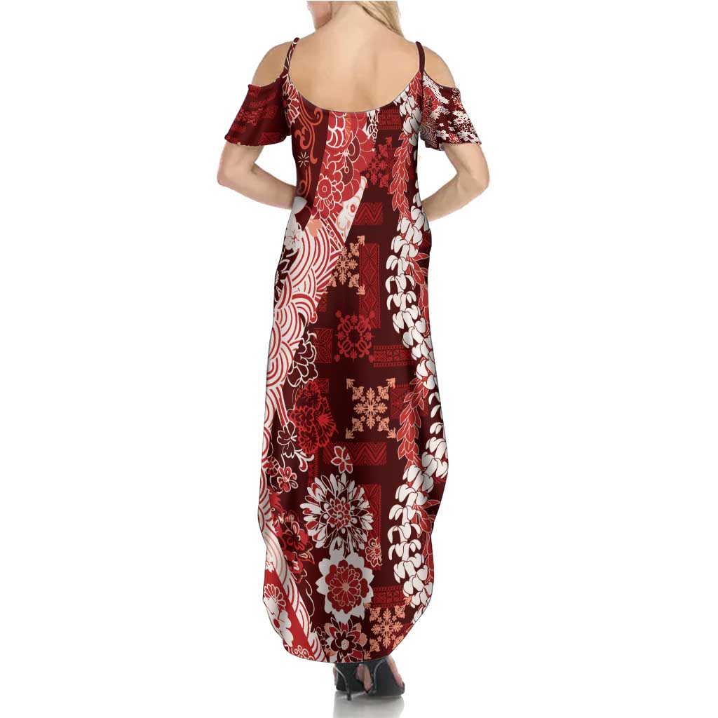 Hawaii Puakenikeni and Maile Lei Family Matching Summer Maxi Dress and Hawaiian Shirt Red Japanese Wave Style LT9 - Polynesian Pride
