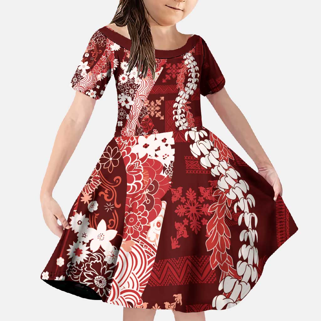 Hawaii Puakenikeni and Maile Lei Family Matching Tank Maxi Dress and Hawaiian Shirt Red Japanese Wave Style LT9 Daughter's Dress Red - Polynesian Pride