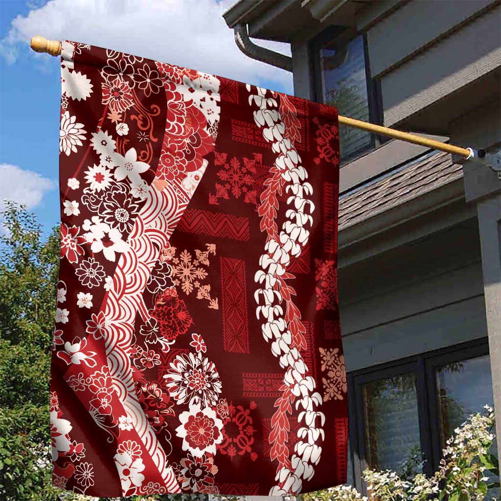 Hawaii Puakenikeni and Maile Lei Garden Flag Red Japanese Wave Style LT9 - Polynesian Pride