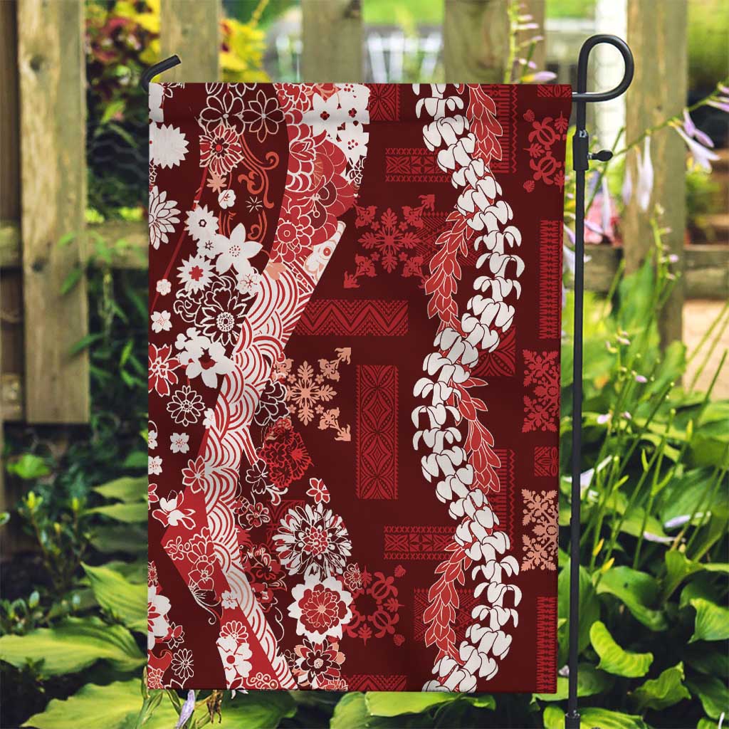 Hawaii Puakenikeni and Maile Lei Garden Flag Red Japanese Wave Style LT9 Garden Flag Red - Polynesian Pride