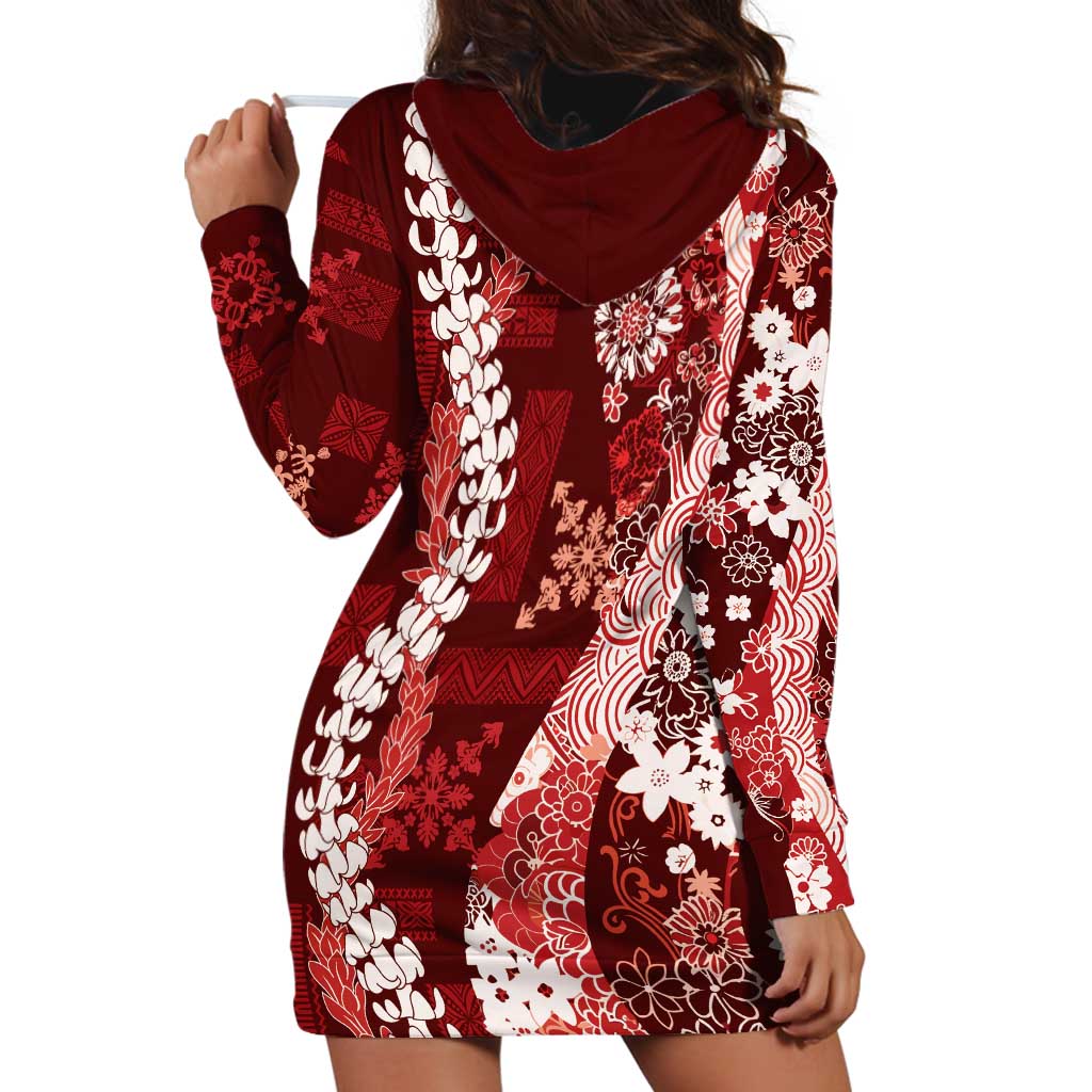 Hawaii Puakenikeni and Maile Lei Hoodie Dress Red Japanese Wave Style - Polynesian Pride