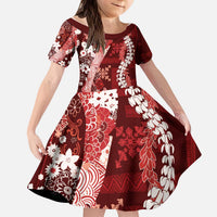 Hawaii Puakenikeni and Maile Lei Kid Short Sleeve Dress Red Japanese Wave Style - Polynesian Pride