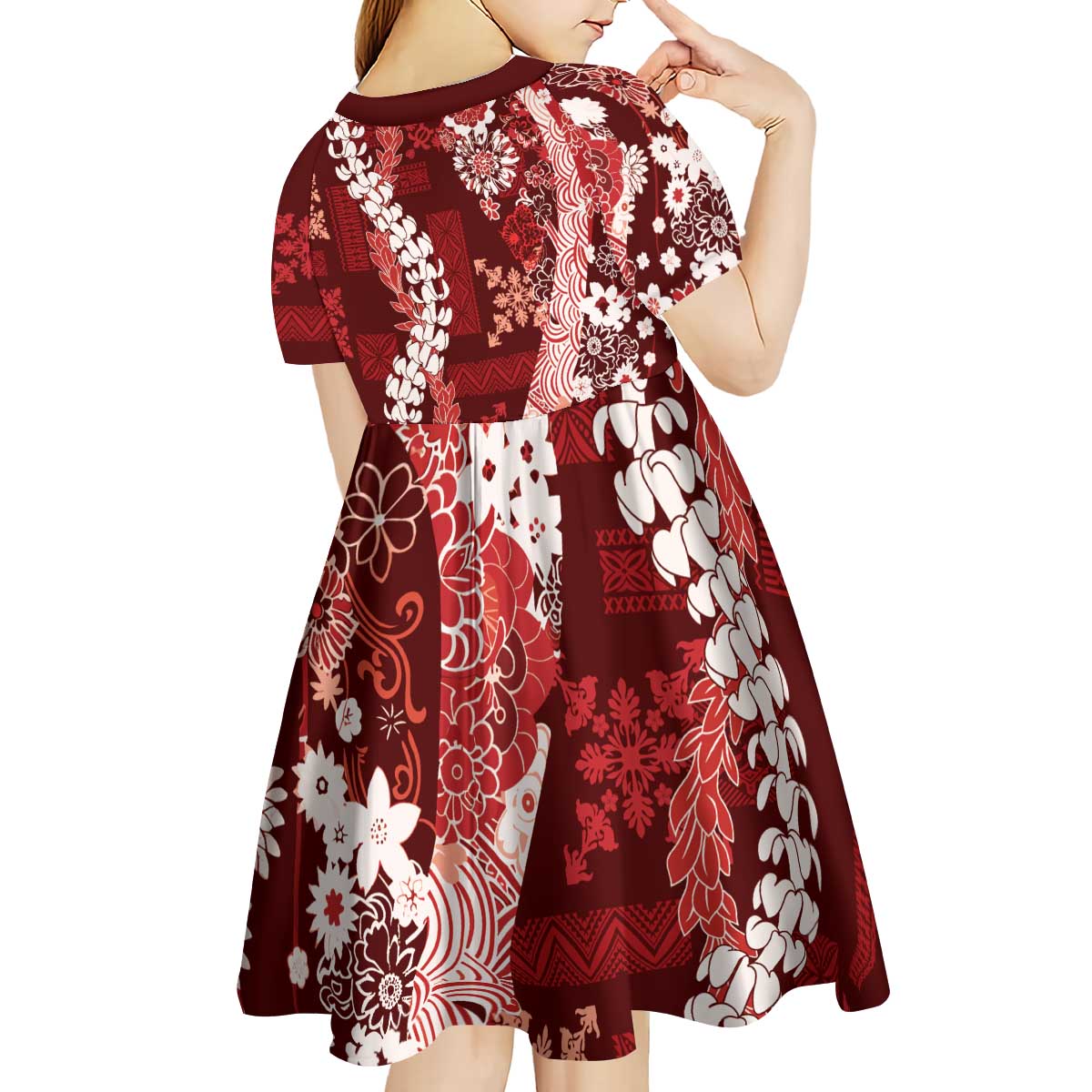 Hawaii Puakenikeni and Maile Lei Kid Short Sleeve Dress Red Japanese Wave Style - Polynesian Pride