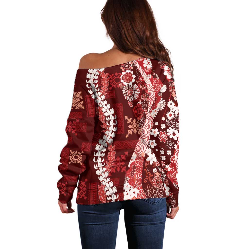 Hawaii Puakenikeni and Maile Lei Off Shoulder Sweater Red Japanese Wave Style LT9 - Polynesian Pride