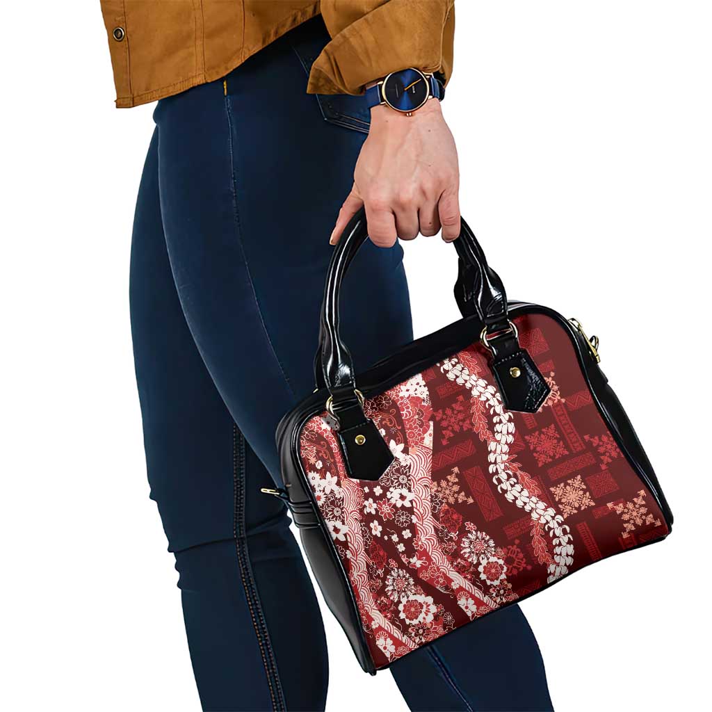 Hawaii Puakenikeni and Maile Lei Shoulder Handbag Red Japanese Wave Style - Polynesian Pride