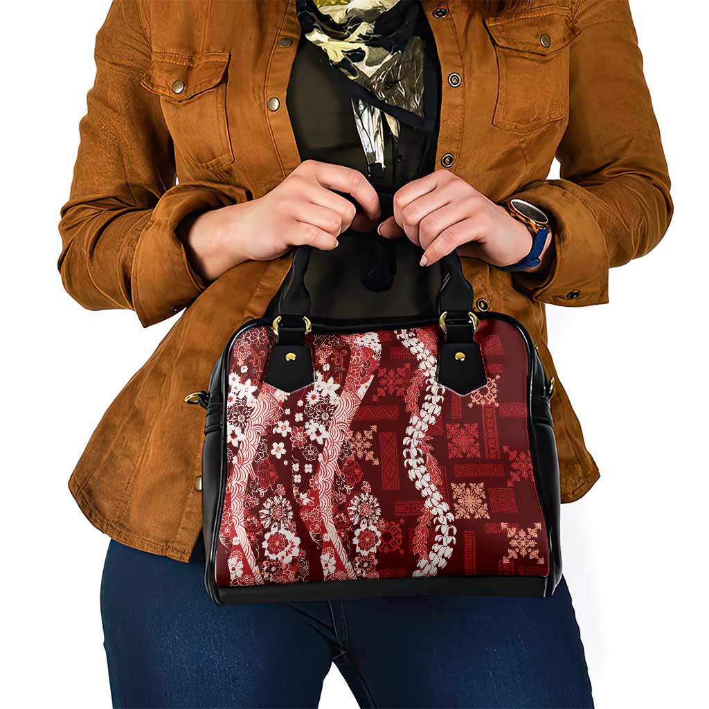 Hawaii Puakenikeni and Maile Lei Shoulder Handbag Red Japanese Wave Style - Polynesian Pride