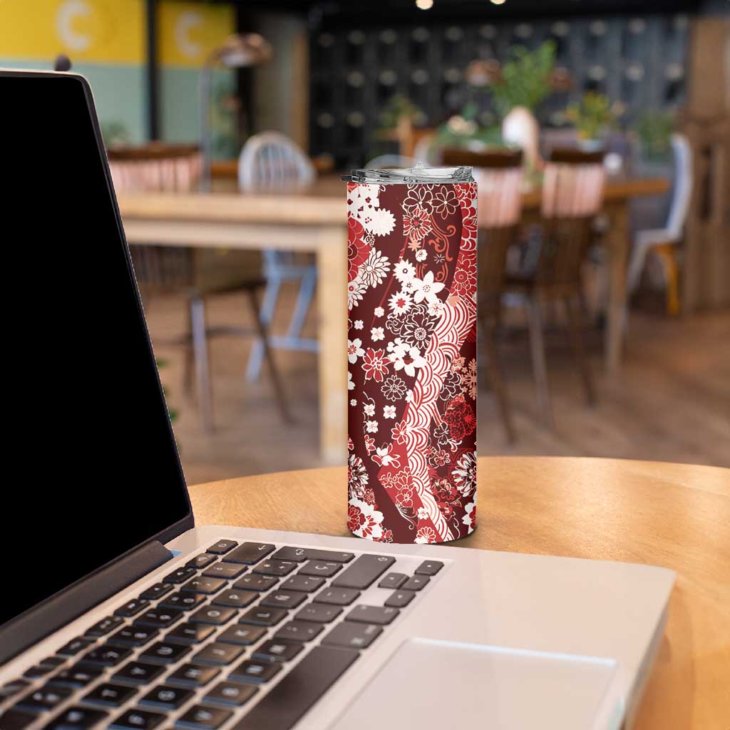 Hawaii Puakenikeni and Maile Lei Skinny Tumbler Red Japanese Wave Style - Polynesian Pride