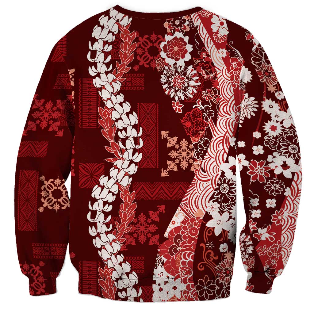 Hawaii Puakenikeni and Maile Lei Sweatshirt Red Japanese Wave Style - Polynesian Pride