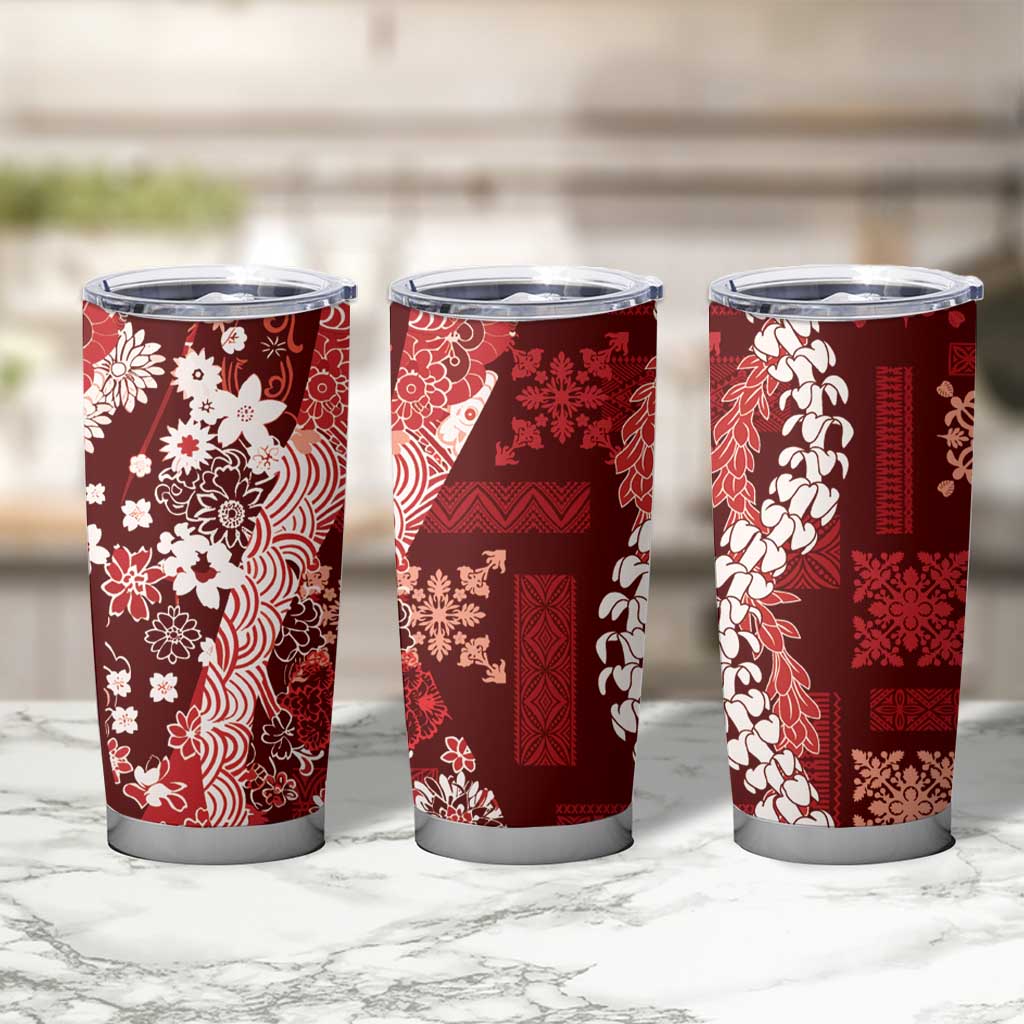 Hawaii Puakenikeni and Maile Lei Tumbler Cup Red Japanese Wave Style - Polynesian Pride