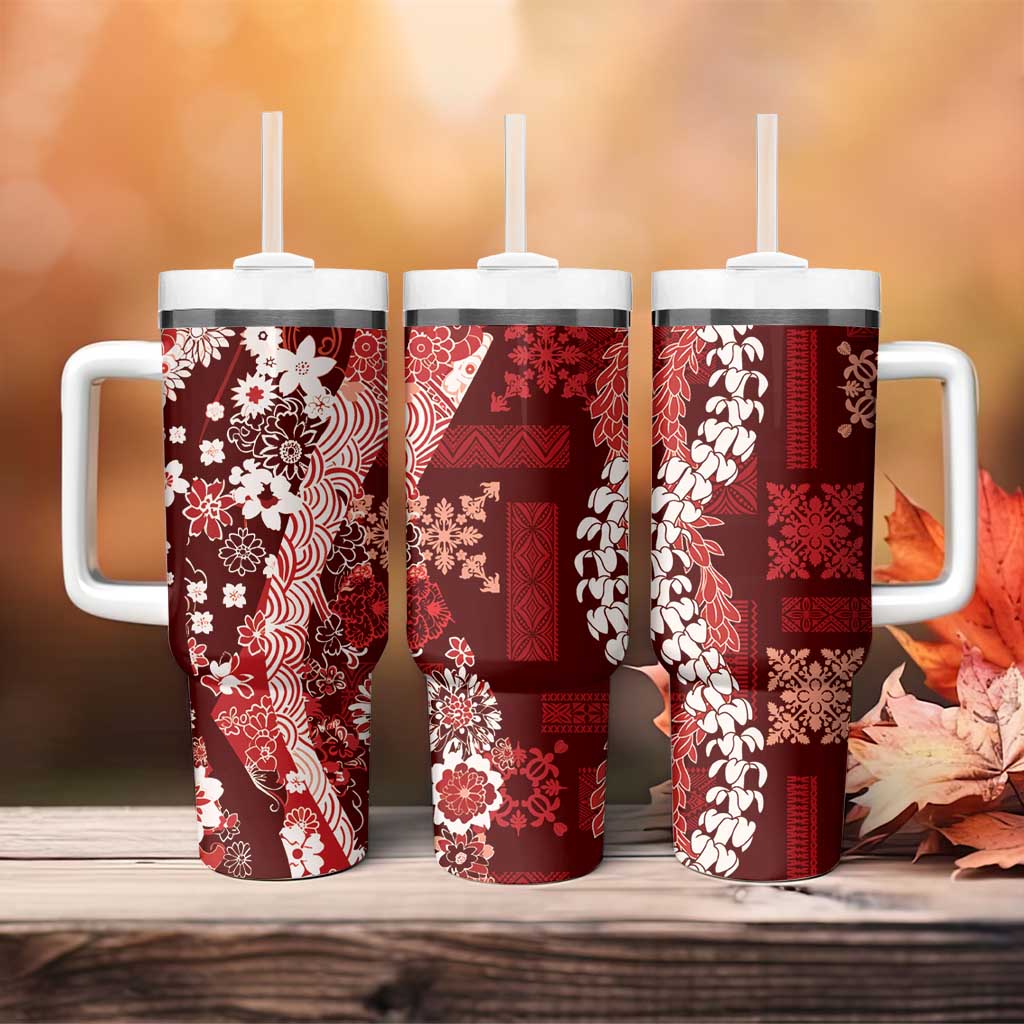Hawaii Puakenikeni and Maile Lei Tumbler With Handle Red Japanese Wave Style - Polynesian Pride
