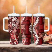 Hawaii Puakenikeni and Maile Lei Tumbler With Handle Red Japanese Wave Style - Polynesian Pride