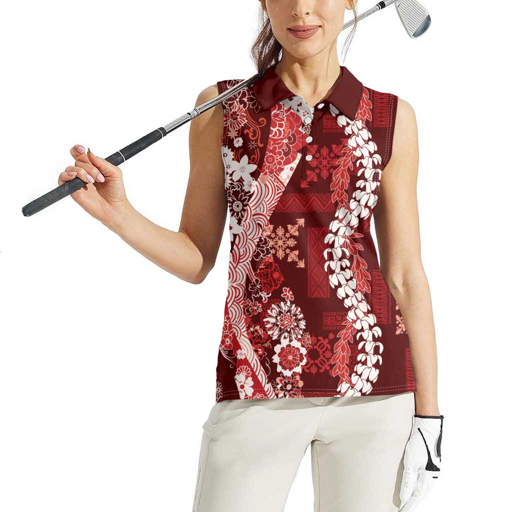 Hawaii Puakenikeni and Maile Lei Women Sleeveless Polo Shirt Red Japanese Wave Style - Polynesian Pride