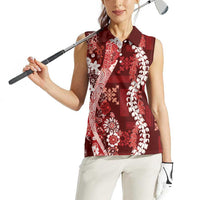 Hawaii Puakenikeni and Maile Lei Women Sleeveless Polo Shirt Red Japanese Wave Style - Polynesian Pride