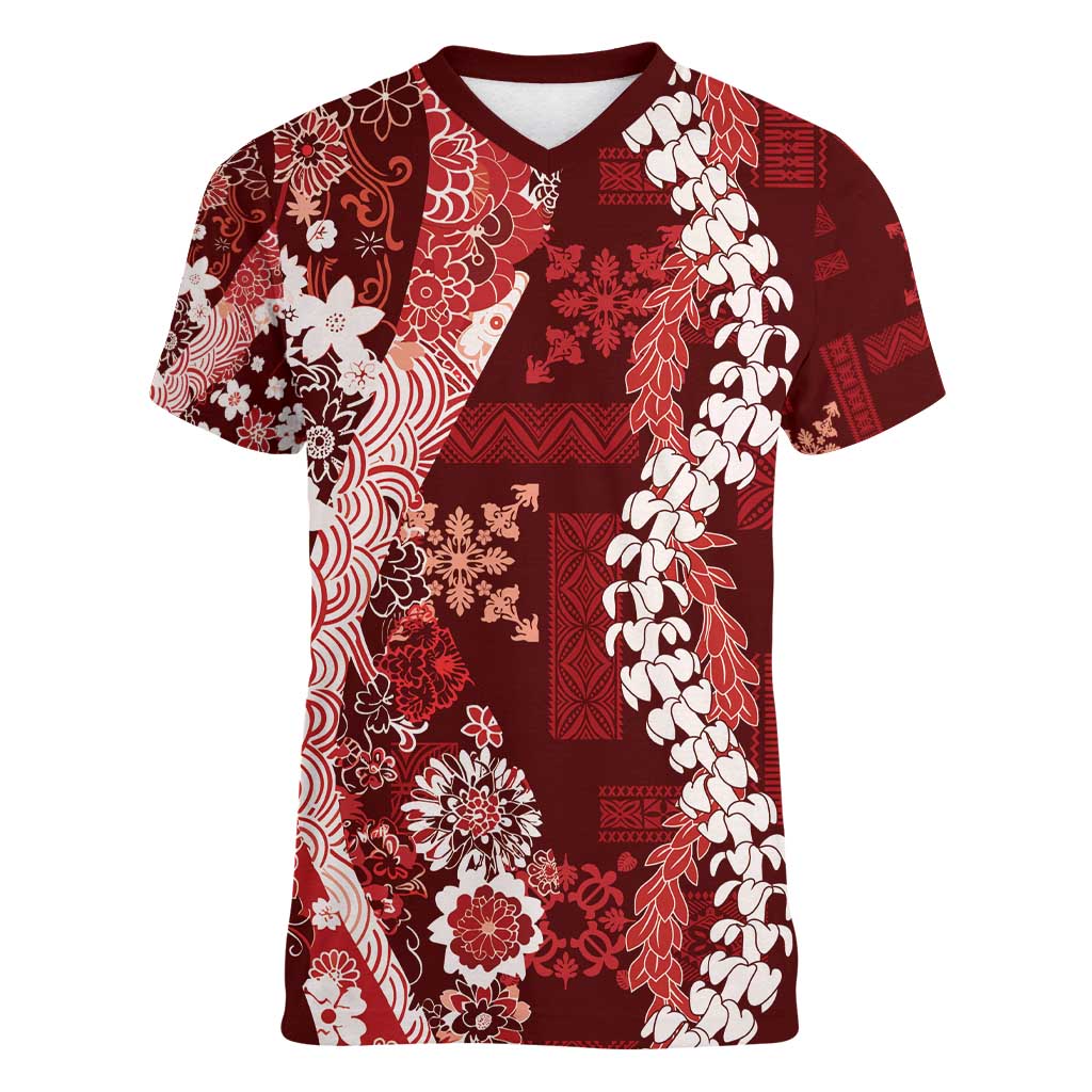 Hawaii Puakenikeni and Maile Lei Women V-Neck T-Shirt Red Japanese Wave Style - Polynesian Pride