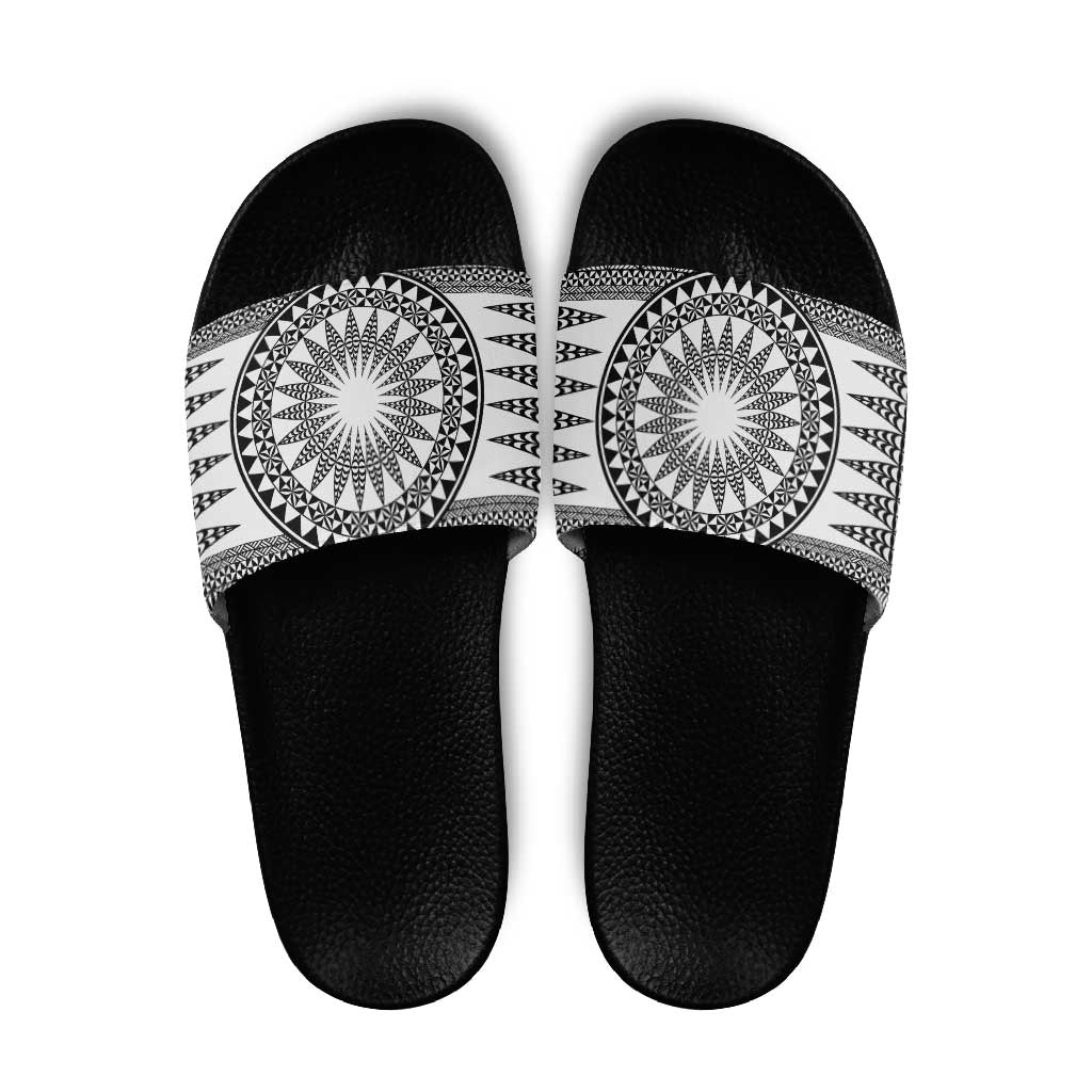 All White Tonga Malo e lelei Slide Sandals Vintage Ngatu Tribal Pattern - Polynesian Pride