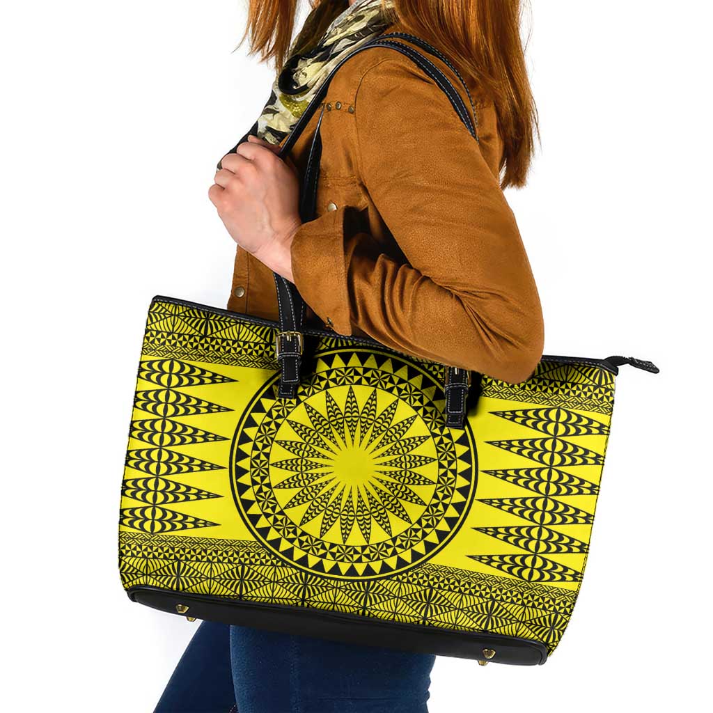 All Yellow Tonga Malo e lelei Leather Tote Bag Vintage Ngatu Tribal Pattern - Polynesian Pride