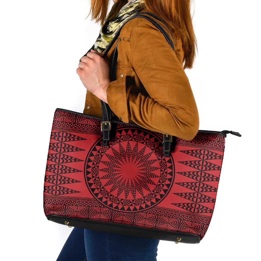 All Red Tonga Malo e lelei Leather Tote Bag Vintage Ngatu Tribal Pattern - Polynesian Pride