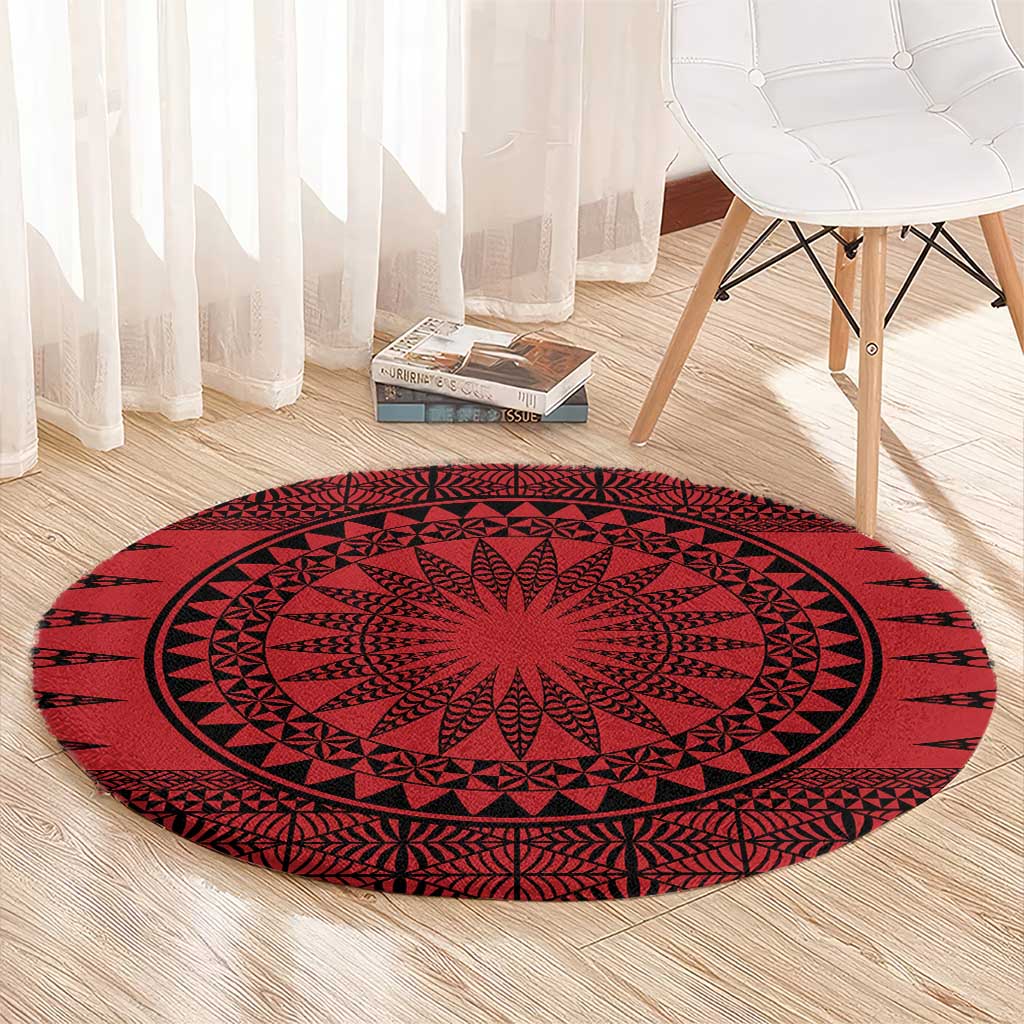 All Red Tonga Malo e lelei Round Carpet Vintage Ngatu Tribal Pattern - Polynesian Pride