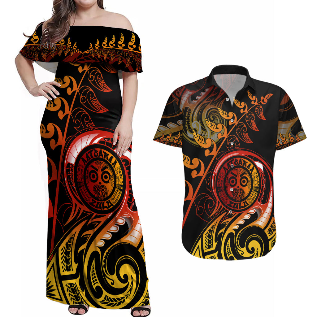 New Zealand Couples Matching Off Shoulder Maxi Dress and Hawaiian Shirt Aotearoa Wisdom Face Maori Fern Tattoo Arty LT9 Reggae - Polynesian Pride