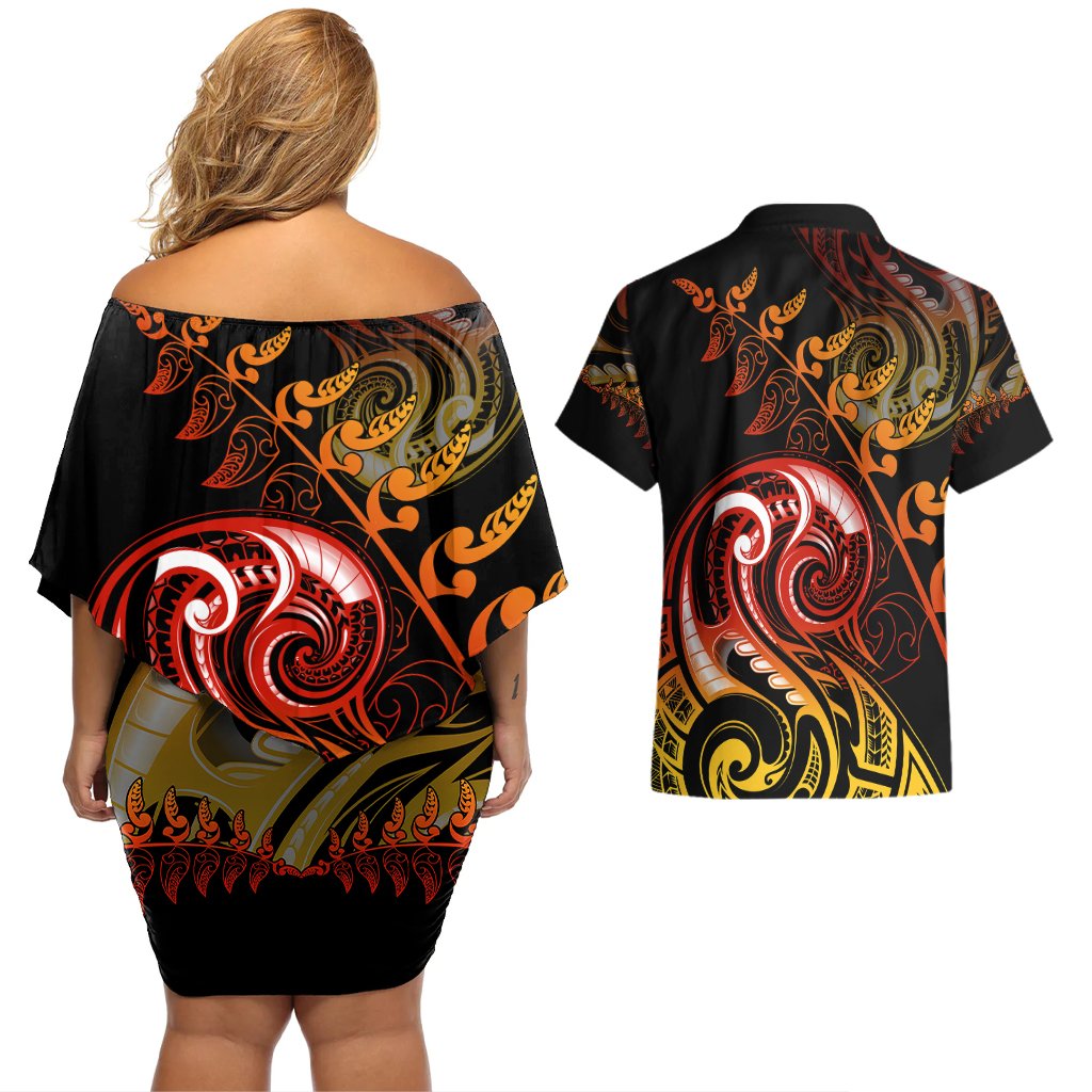 New Zealand Couples Matching Off Shoulder Short Dress and Hawaiian Shirt Aotearoa Wisdom Face Maori Fern Tattoo Arty LT9 - Polynesian Pride