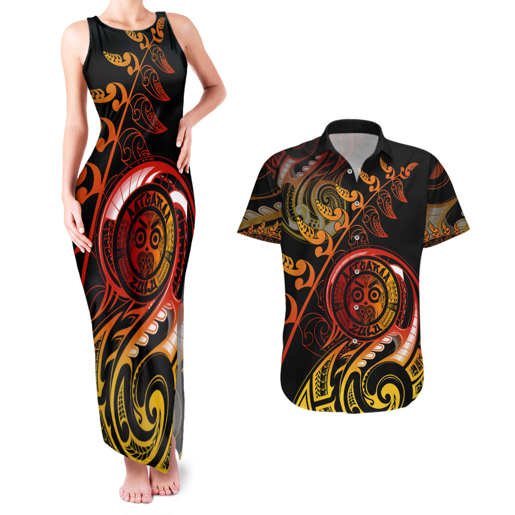 New Zealand Couples Matching Tank Maxi Dress and Hawaiian Shirt Aotearoa Wisdom Face Maori Fern Tattoo Arty LT9 Reggae - Polynesian Pride