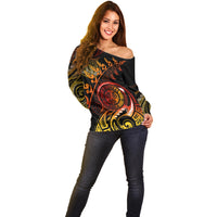 New Zealand Off Shoulder Sweater Aotearoa Wisdom Face Maori Fern Tattoo Arty LT9 - Polynesian Pride