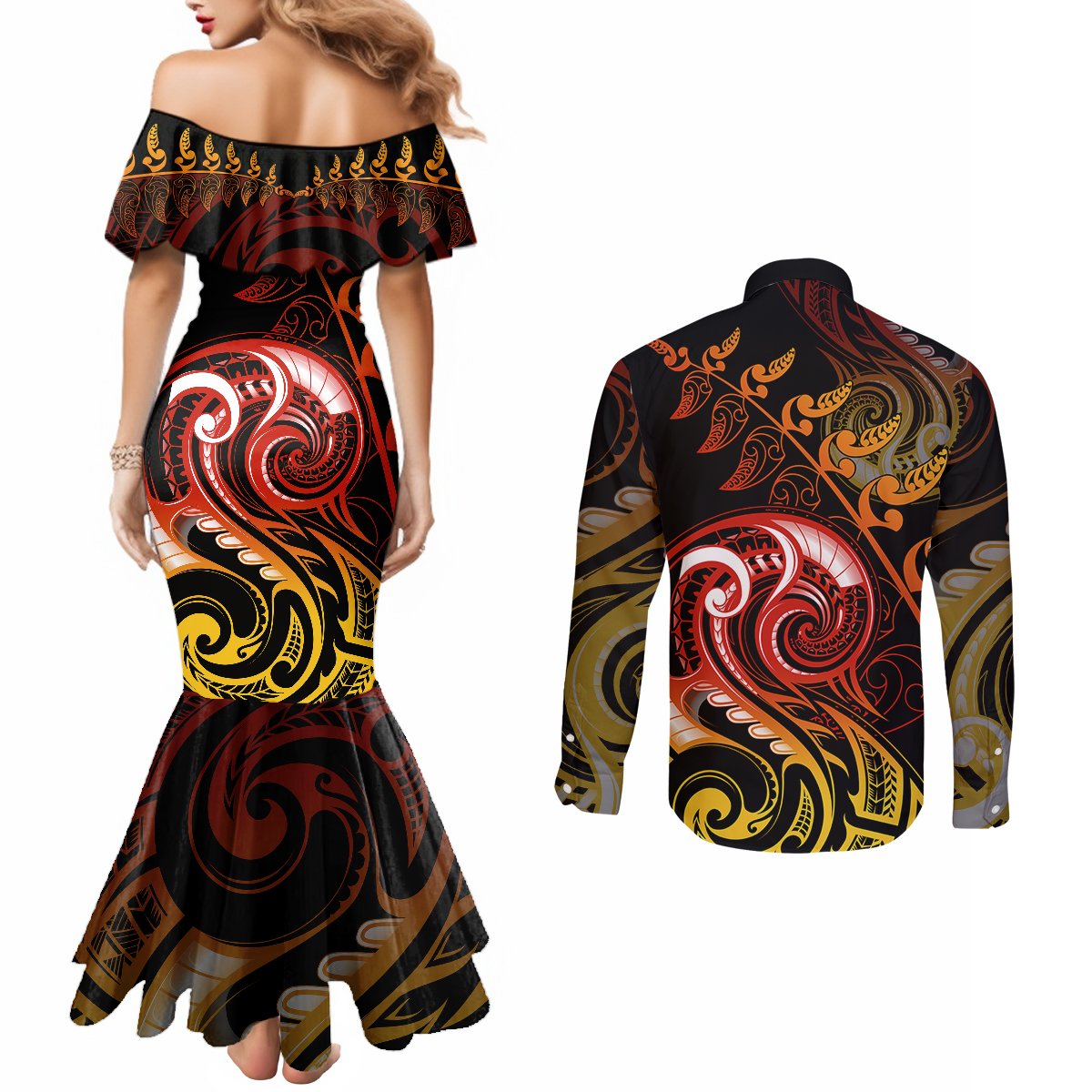 New Zealand Couples Matching Mermaid Dress and Long Sleeve Button Shirts Aotearoa Hei-Tiki Maori Fern Tattoo Arty LT9 - Polynesian Pride