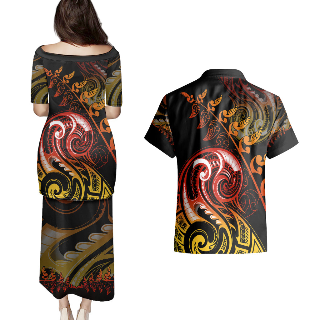 New Zealand Couples Matching Puletasi Dress and Hawaiian Shirt Aotearoa Hei-Tiki Maori Fern Tattoo Arty LT9 - Polynesian Pride