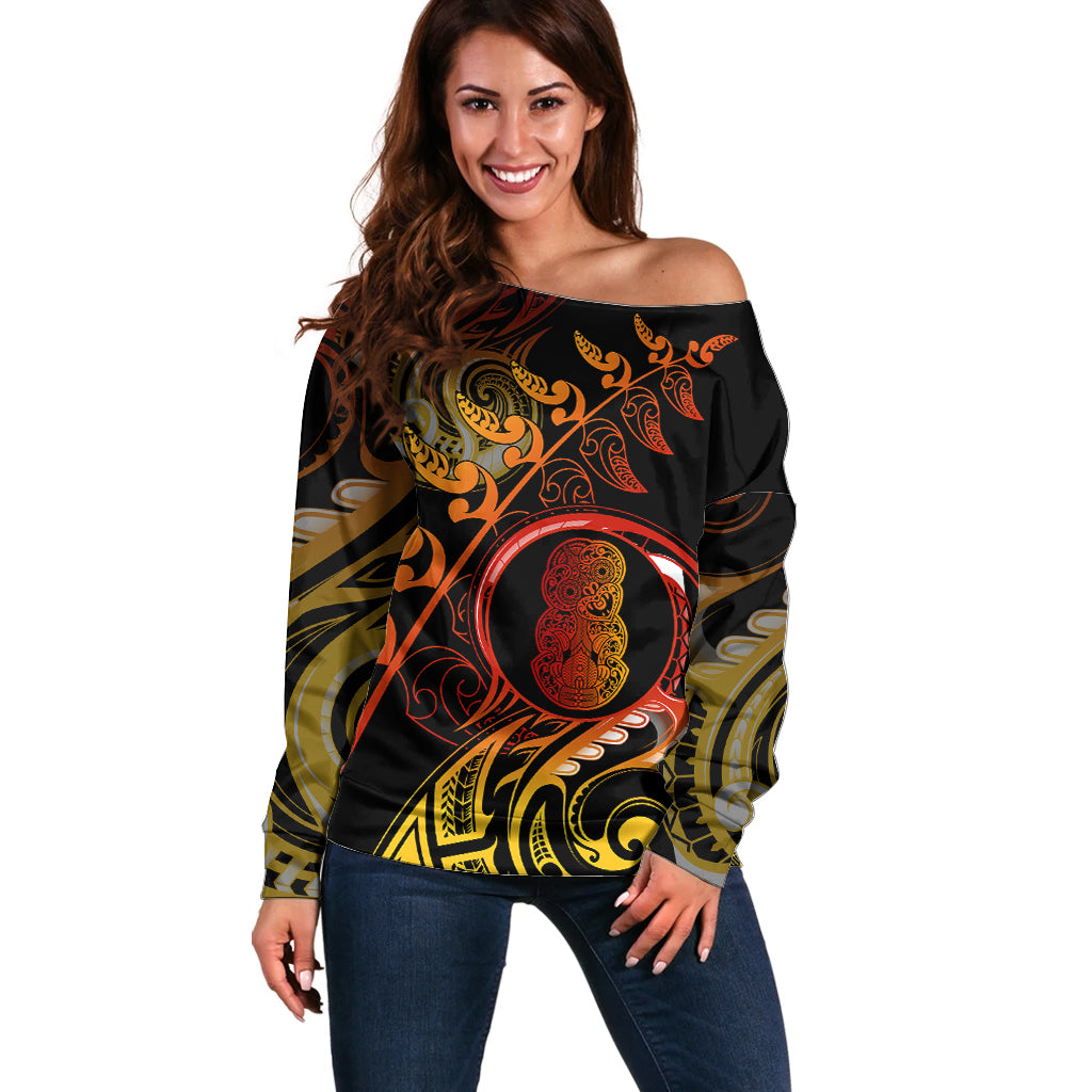 New Zealand Off Shoulder Sweater Aotearoa Hei-Tiki Maori Fern Tattoo Arty LT9 Women Reggae - Polynesian Pride