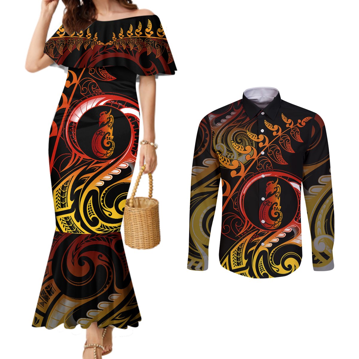 New Zealand Couples Matching Mermaid Dress and Long Sleeve Button Shirts Aotearoa Manaia Maori Fern Tattoo Arty LT9 Reggae - Polynesian Pride