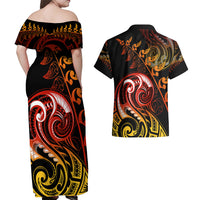 New Zealand Couples Matching Off Shoulder Maxi Dress and Hawaiian Shirt Aotearoa Manaia Maori Fern Tattoo Arty LT9 - Polynesian Pride