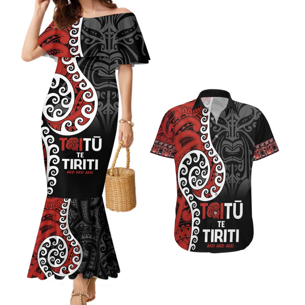 Honour The Treaty New Zealand Couples Matching Mermaid Dress and Hawaiian Shirt Toitu Te Tiriti Ake!Ake!Ake! LT9 Black - Polynesian Pride