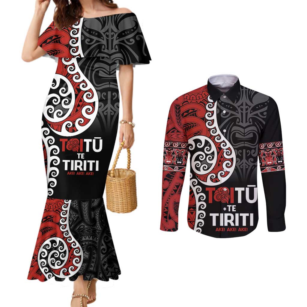 Honour The Treaty New Zealand Couples Matching Mermaid Dress and Long Sleeve Button Shirt Toitu Te Tiriti Ake!Ake!Ake!