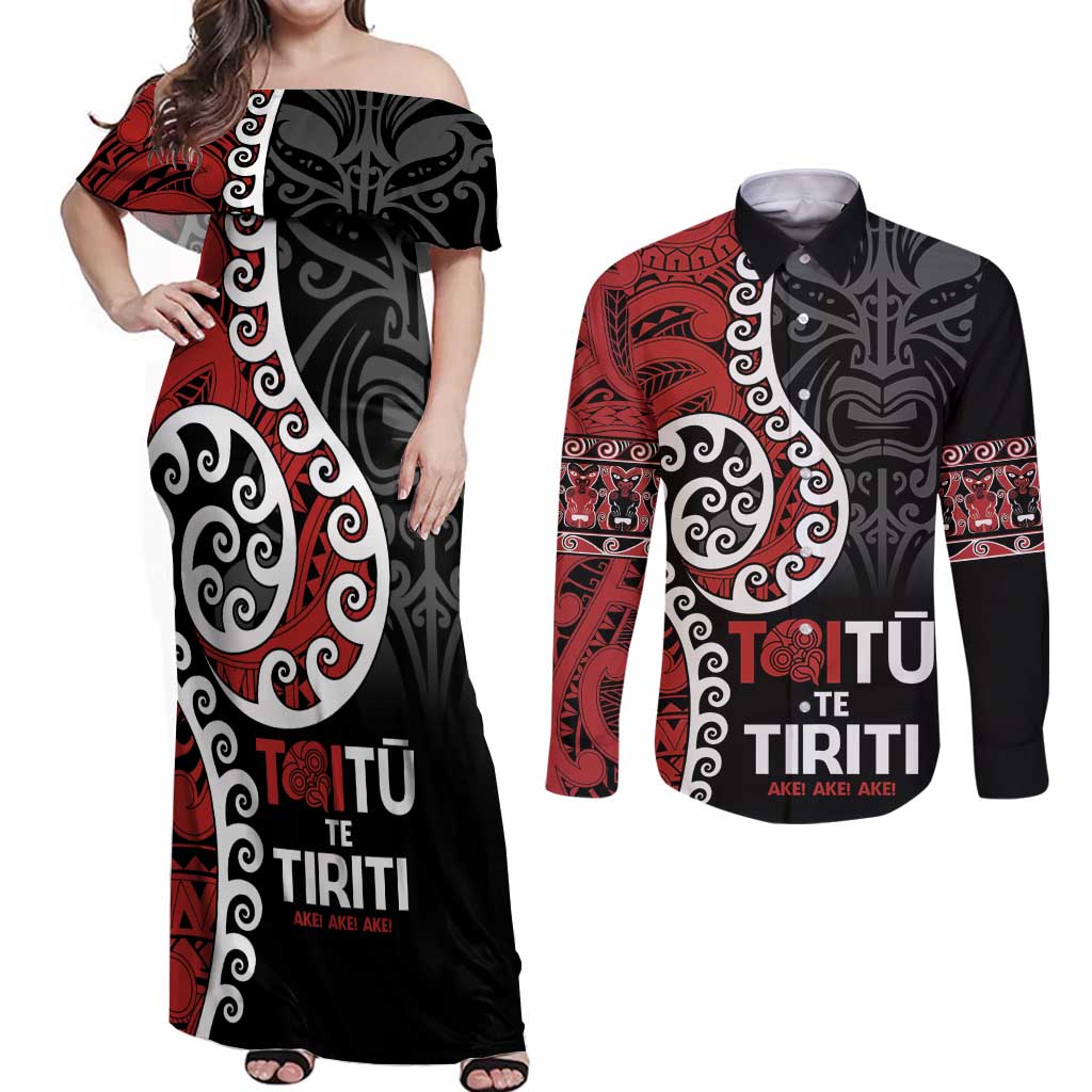 Honour The Treaty New Zealand Couples Matching Off Shoulder Maxi Dress and Long Sleeve Button Shirt Toitu Te Tiriti Ake!Ake!Ake!