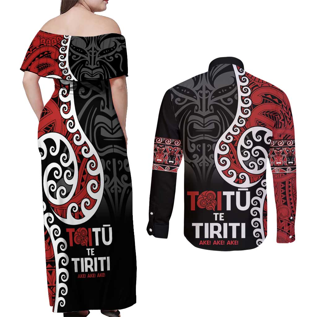 Honour The Treaty New Zealand Couples Matching Off Shoulder Maxi Dress and Long Sleeve Button Shirt Toitu Te Tiriti Ake!Ake!Ake!