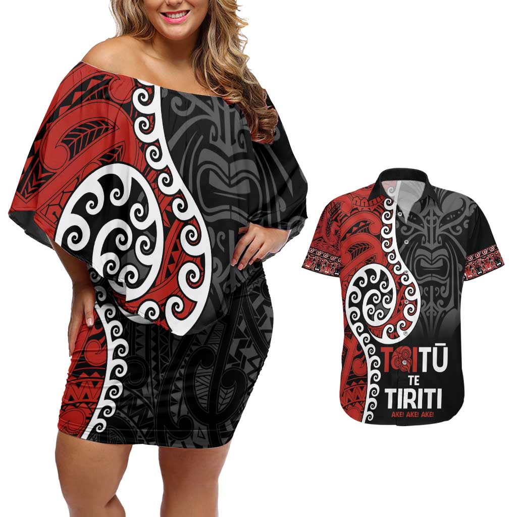 Honour The Treaty New Zealand Couples Matching Off Shoulder Short Dress and Hawaiian Shirt Toitu Te Tiriti Ake!Ake!Ake!