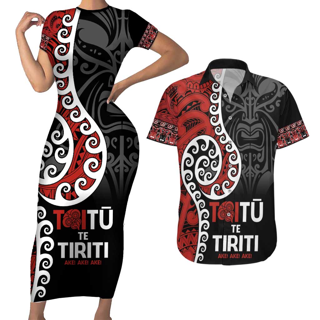 Honour The Treaty New Zealand Couples Matching Short Sleeve Bodycon Dress and Hawaiian Shirt Toitu Te Tiriti Ake!Ake!Ake! LT9 Black - Polynesian Pride
