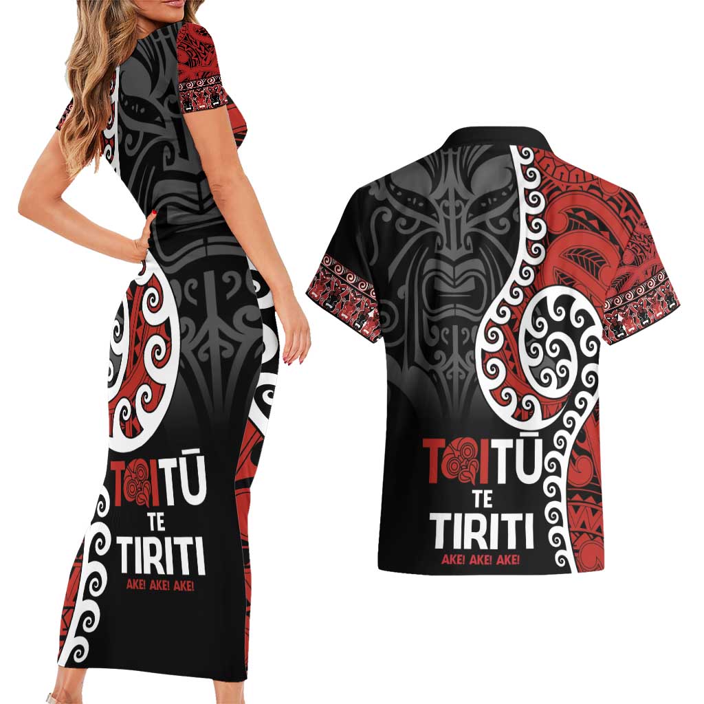 Honour The Treaty New Zealand Couples Matching Short Sleeve Bodycon Dress and Hawaiian Shirt Toitu Te Tiriti Ake!Ake!Ake! LT9 - Polynesian Pride