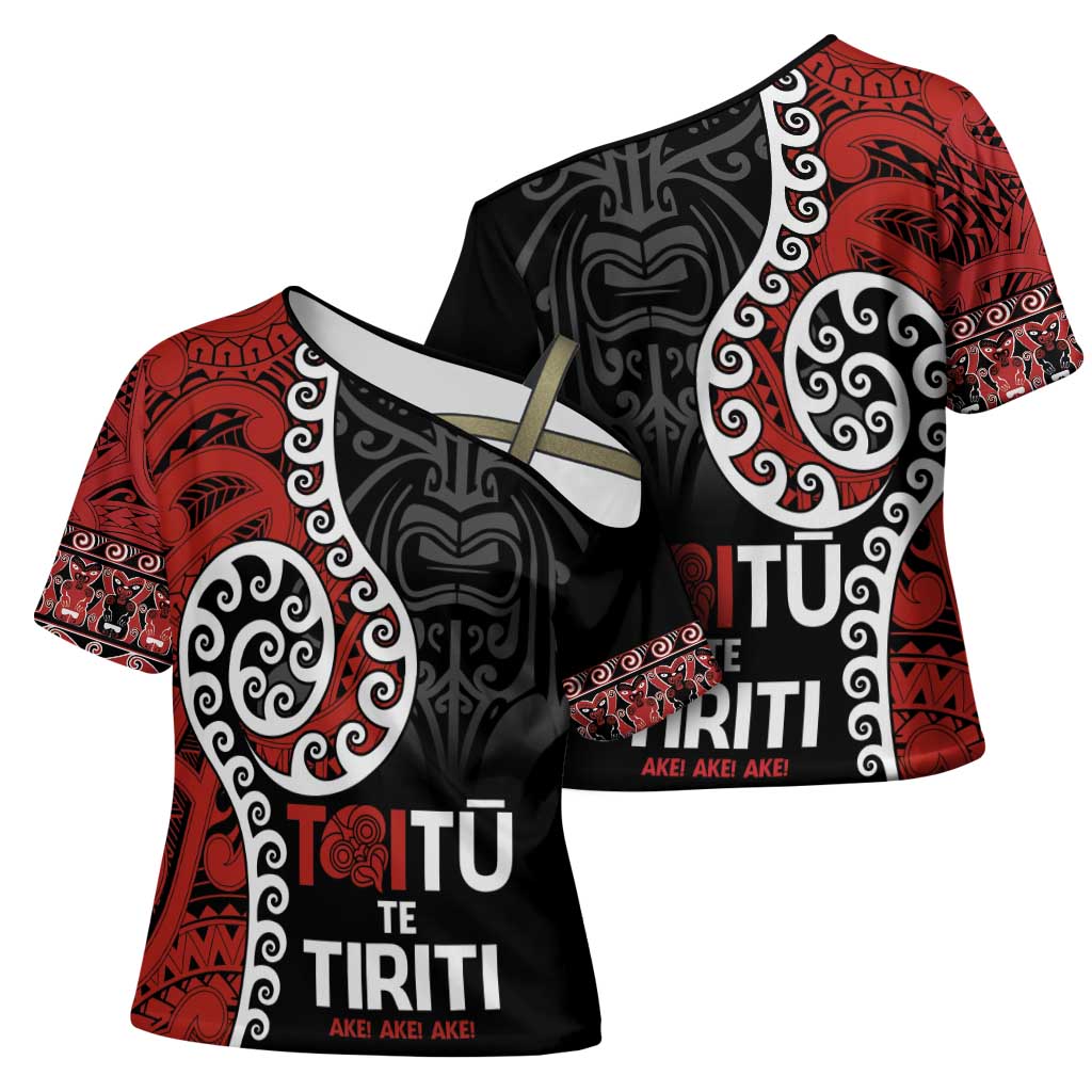 Honour The Treaty New Zealand Cross Shoulder Shirt Toitu Te Tiriti Ake Ake Ake LT9 - Polynesian Pride