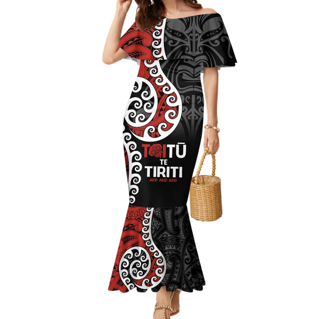 Honour The Treaty New Zealand Family Matching Mermaid Dress and Hawaiian Shirt Toitu Te Tiriti Ake!Ake!Ake! LT9 Mom's Dress Black - Polynesian Pride
