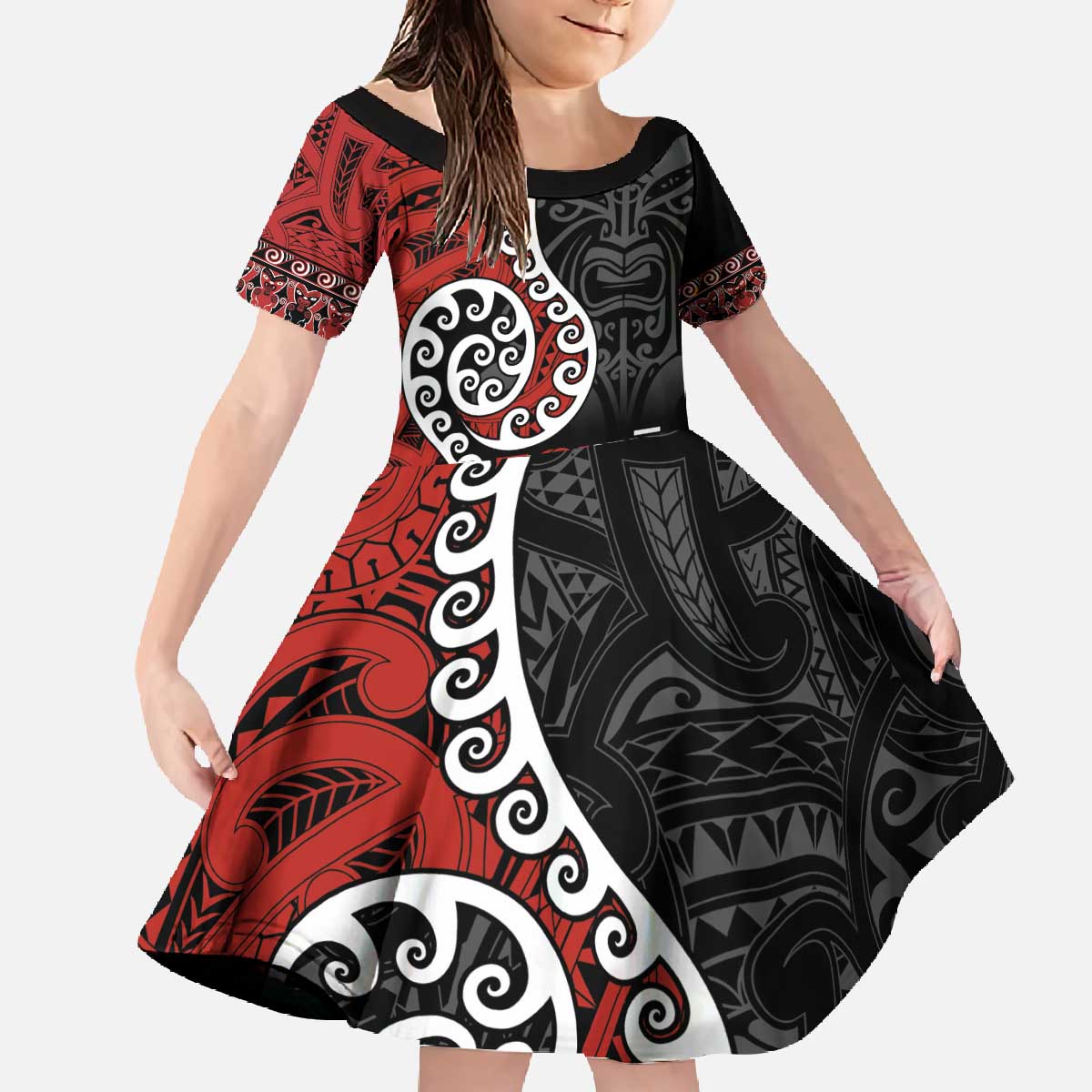 Honour The Treaty New Zealand Family Matching Off The Shoulder Long Sleeve Dress and Hawaiian Shirt Toitu Te Tiriti Ake!Ake!Ake! LT9 Daughter's Dress Black - Polynesian Pride