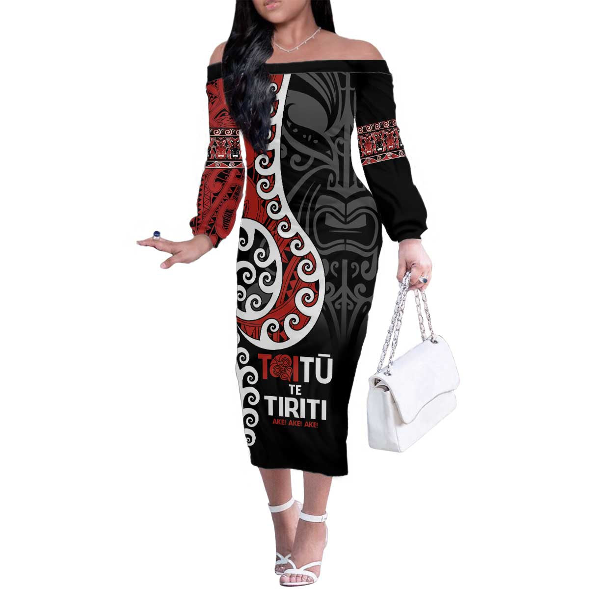 Honour The Treaty New Zealand Family Matching Off The Shoulder Long Sleeve Dress and Hawaiian Shirt Toitu Te Tiriti Ake!Ake!Ake! LT9 Mom's Dress Black - Polynesian Pride