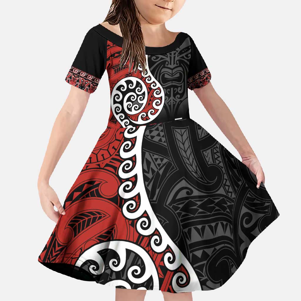 Honour The Treaty New Zealand Family Matching Off Shoulder Maxi Dress and Hawaiian Shirt Toitu Te Tiriti Ake!Ake!Ake! LT9 Daughter's Dress Black - Polynesian Pride